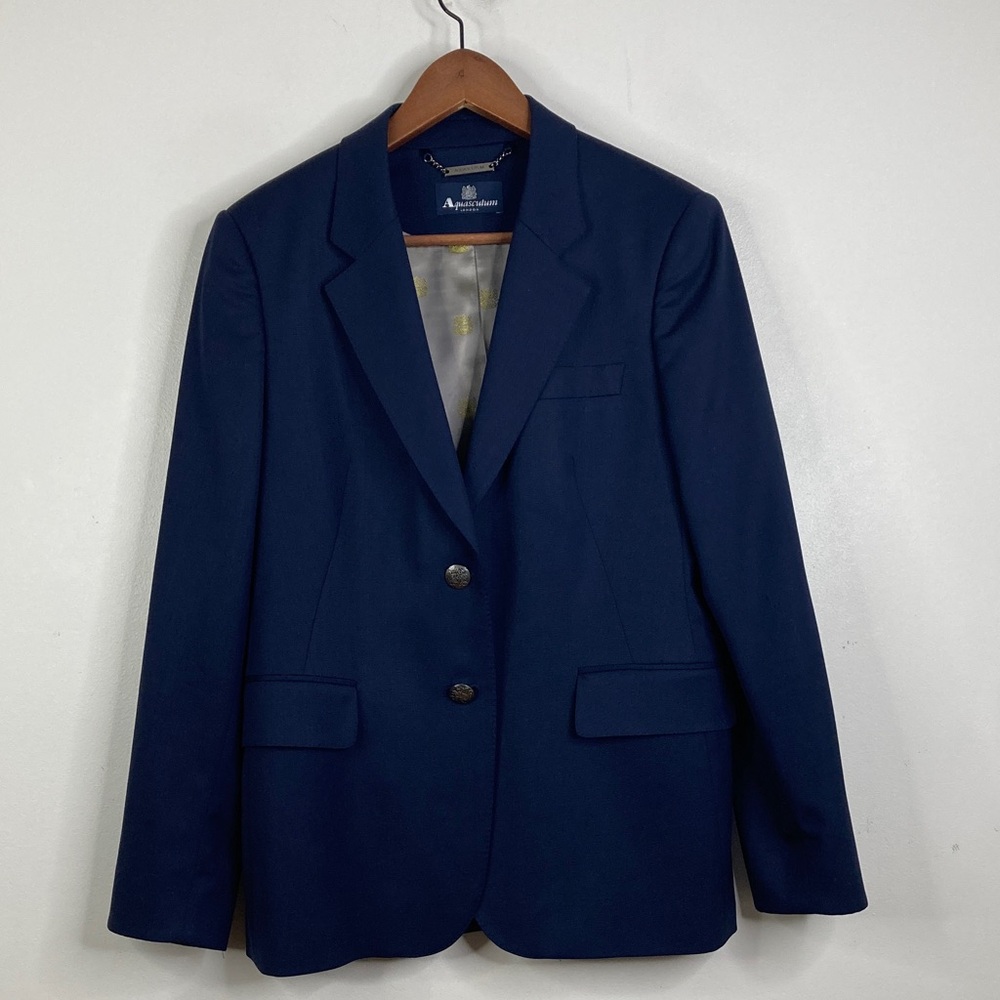 Aquascutum London Blazer Womens UK 14P US 10 P Navy Blue Wool Stretch Preppy